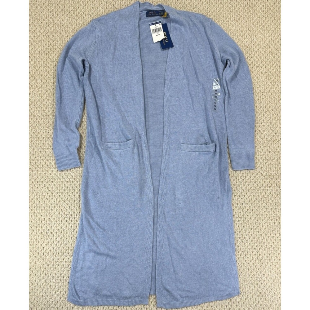 Polo Ralph Lauren Cardigan Womens XS Blue 100% Linen Long Open Front Sweater NEW